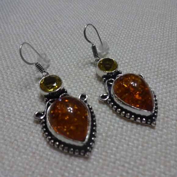 Stunning AMBER & CITRINE Handmade Sterling Dangle Earrings #853B - Picture 3 of 3